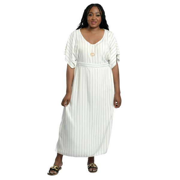 Kimono Long Dress with Stripe Print White