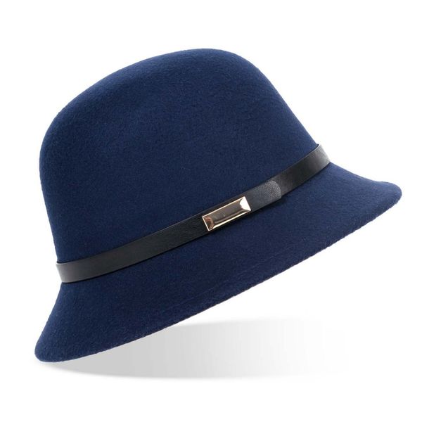 Hat Felt Cloche With Gold Plate Belt Trim Navy
