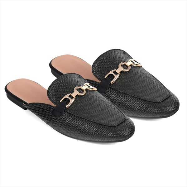 Shoes Penny Raffia Mules with Gold Trim Black Size 3