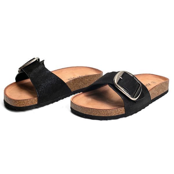 Shoes Luna Buckle Detail Flat Comfort Slides Black Size 8