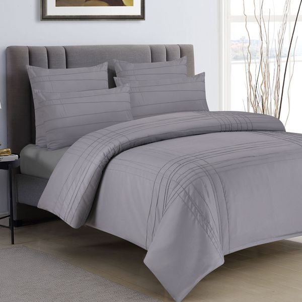 Ribbed Grey Double Pintuck Duvet Set