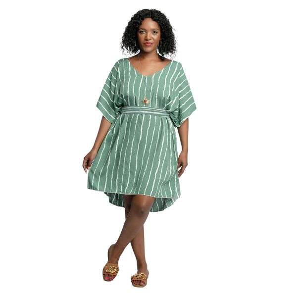 Kimono Mid Length Dress with Abstract Stripe Print Olive
