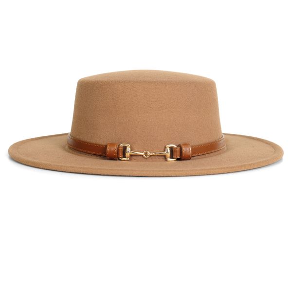 Hat Felt Boater with Gold Link Trim Band Tan