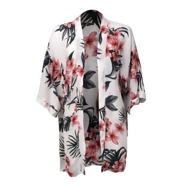 Kimono Tropical Flower Print White Pink Green