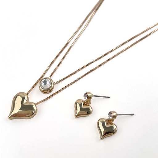 [11710] Necklace and Earrings Diamante Heart Layered Set Rose Gold