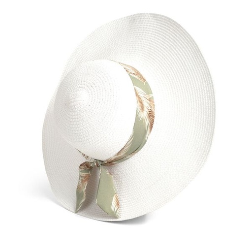 [8417] Hat Widebrim Straw With Feather Print Band White Green