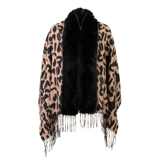 [11966] Scarf Fur Trim Animal Print Wrap Black Green