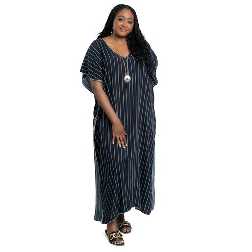 [11094] Kimono Long Dress with Stripe Print Navy