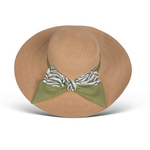 [14178] Hat Printed Bow Trim Widebrim Natural Olive