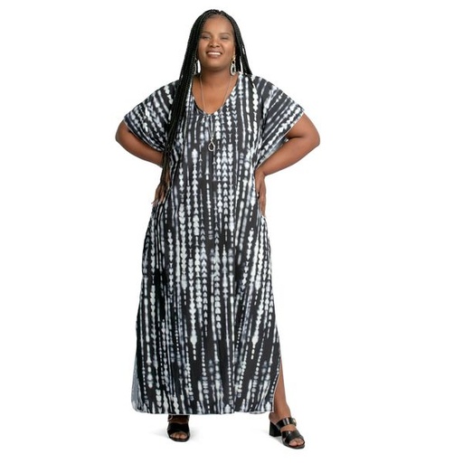 [2387] Kimono Abstract Print Dress Black