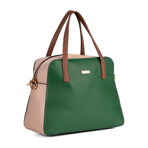 [12040] Handbag Courtney Colourblock Satchel Green/ Beige/ Tan