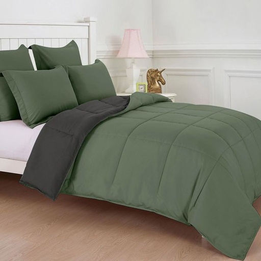 [2429] Dual Charcoal & Green Queen Comforter Set