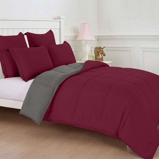 [9512] Dual Maroon & Grey Queen Comforter Set
