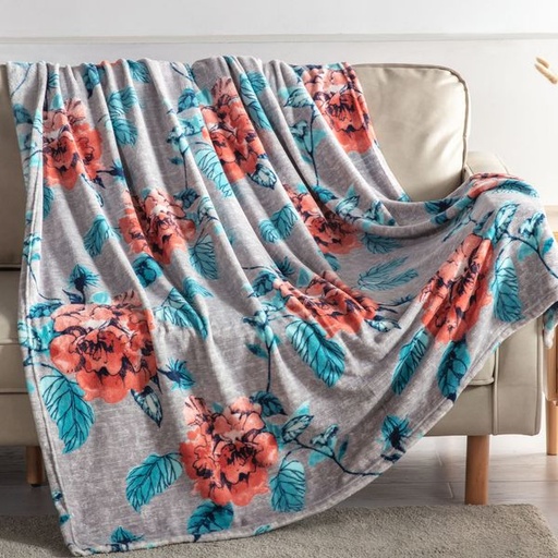 [7394] Floral Orange Grey Blanket