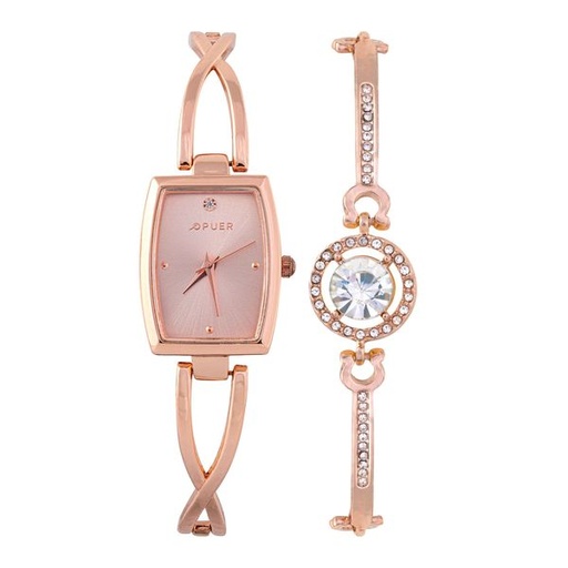 [10603] Watch Tisha Link Chain and Diamante Bracelet Gift Set Rose Gold