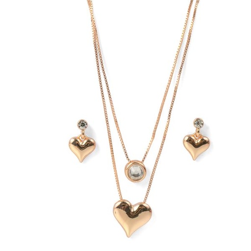 [11711] Necklace and Earrings Diamante Heart Layered Set Gold