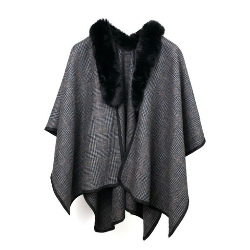 [1167] Scarf Faux Fur Trim Houndstooth Wrap Black Grey Tan