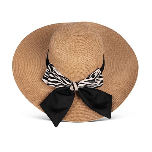 [14176] Hat Printed Bow Trim Widebrim Natural Black
