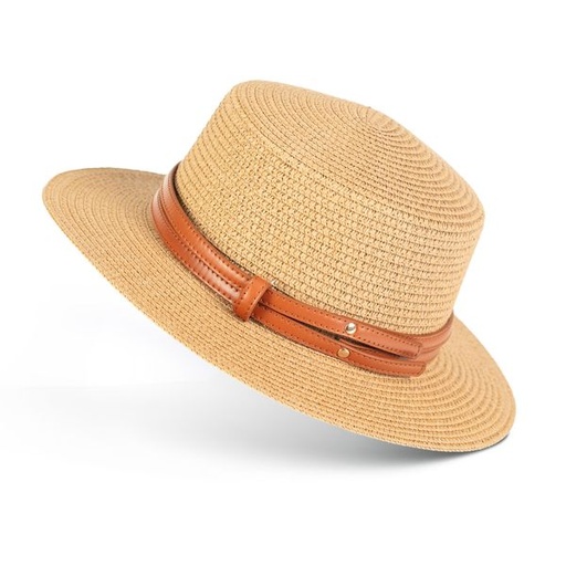 [14002] Hat Straw Boater With Band Trim Natural