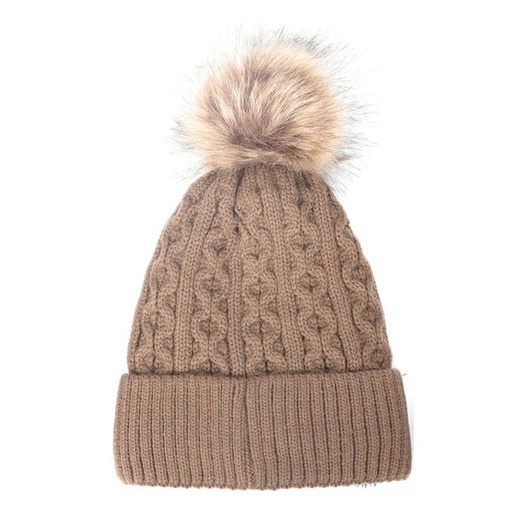 [1141] Beanie Hat Knitted Cable with Pom Pom Mocha